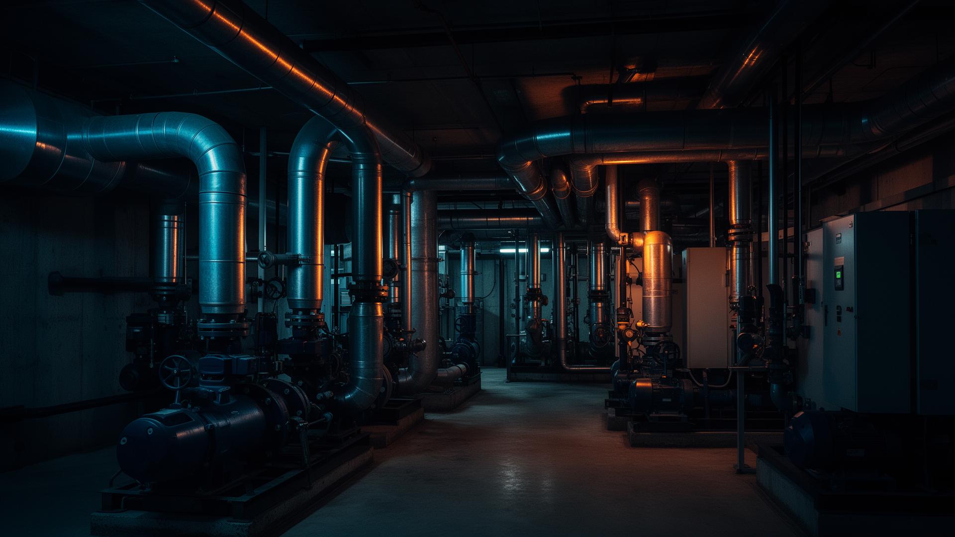 Commercial building mechanical room with industrial pipes and pumps
